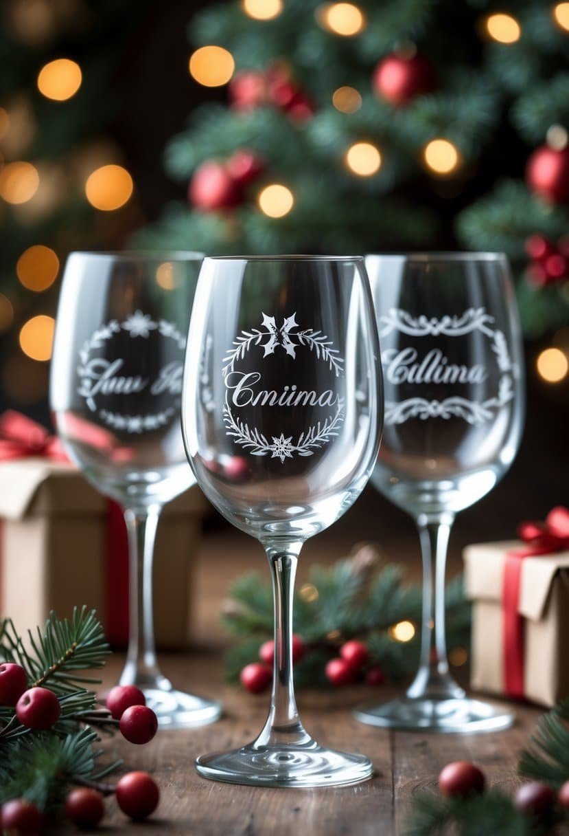 A set of custom engraved holiday wine glasses on a wooden table with festive decorations and warm lights in the background.