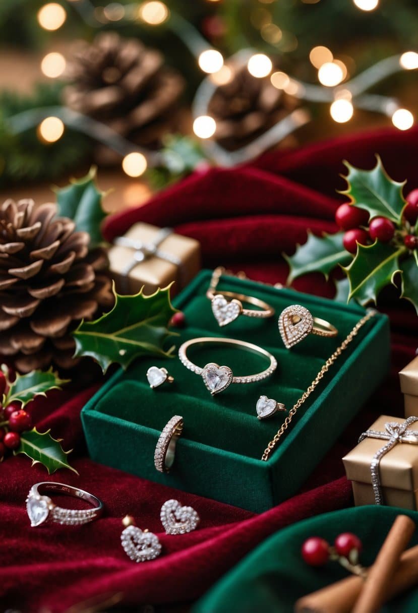 A display of holiday-themed anniversary jewelry including rings, necklaces, and earrings decorated with festive elements like holly, berries, and fairy lights on red and green velvet fabric.