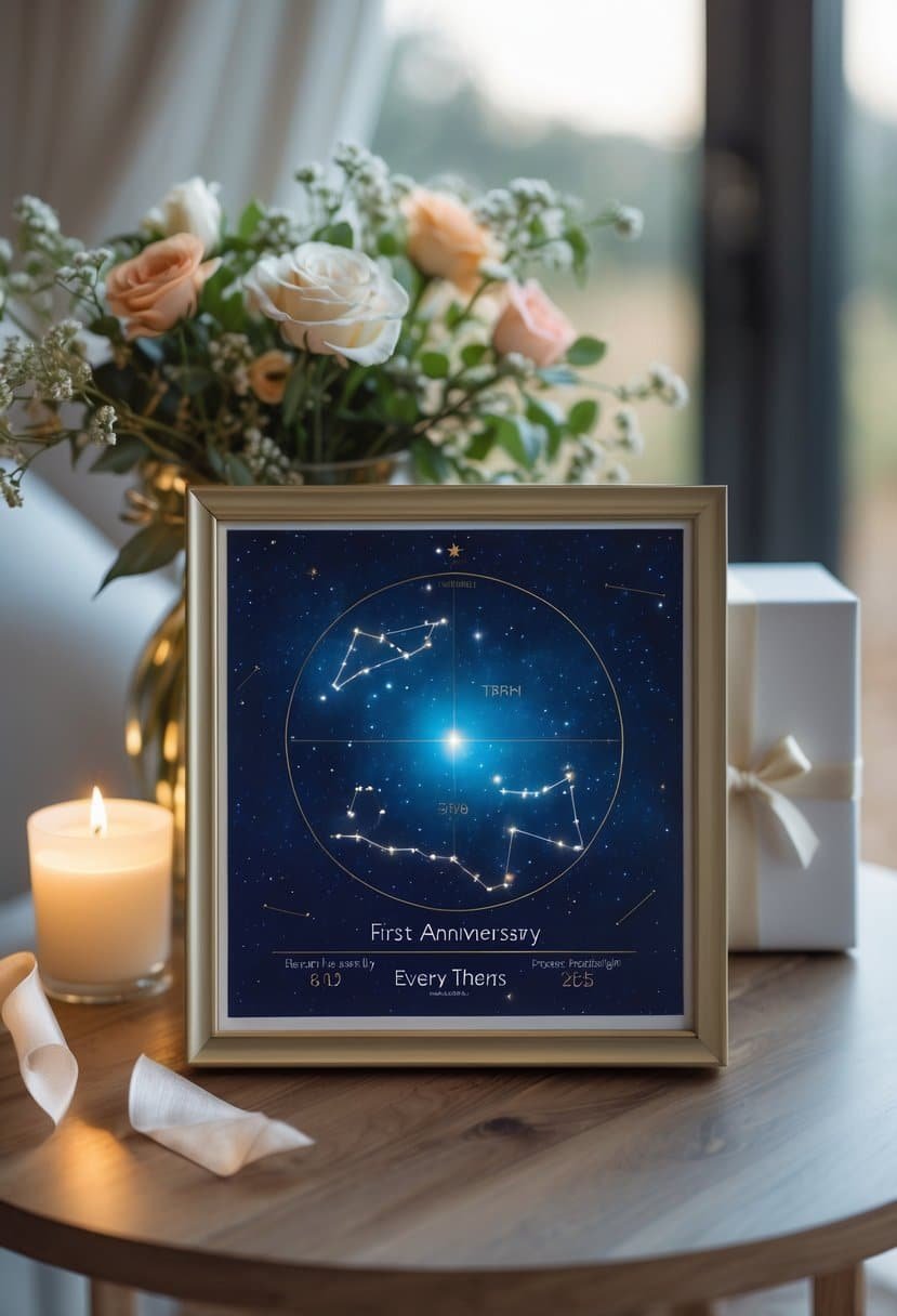 A framed star map print on a wooden table surrounded by flowers, a candle, and a gift box.