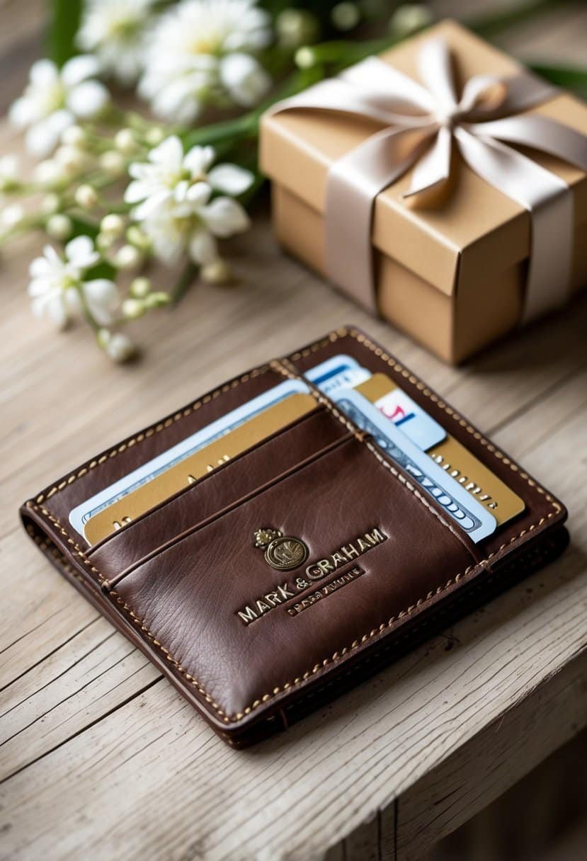 A leather wallet open on a wooden surface with cards inside, surrounded by white flowers and a small gift box.