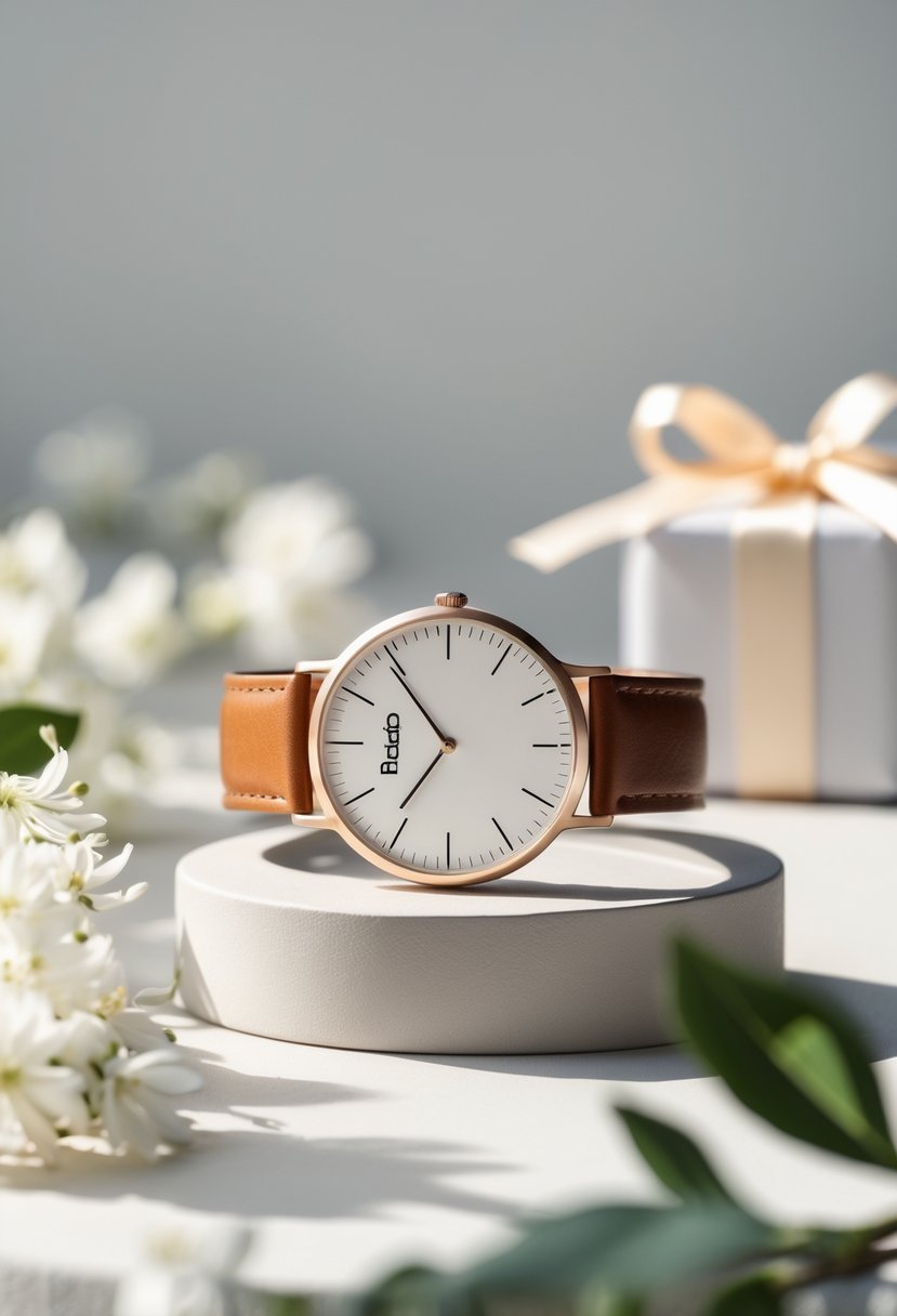 A minimalist wristwatch with a leather strap displayed alongside white flowers and a small gift box on a neutral background.