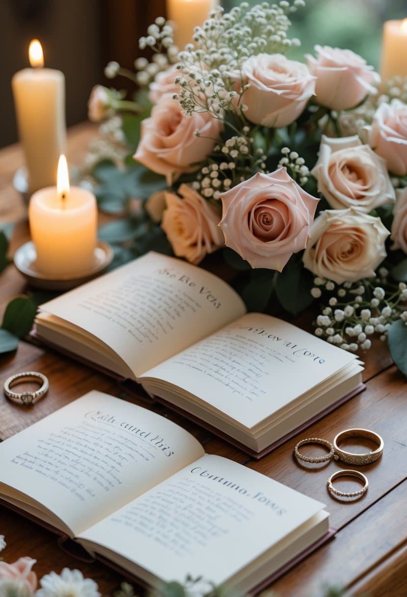 A close-up of personalized vow books open on a wooden table surrounded by wedding rings, candles, and fresh flowers.