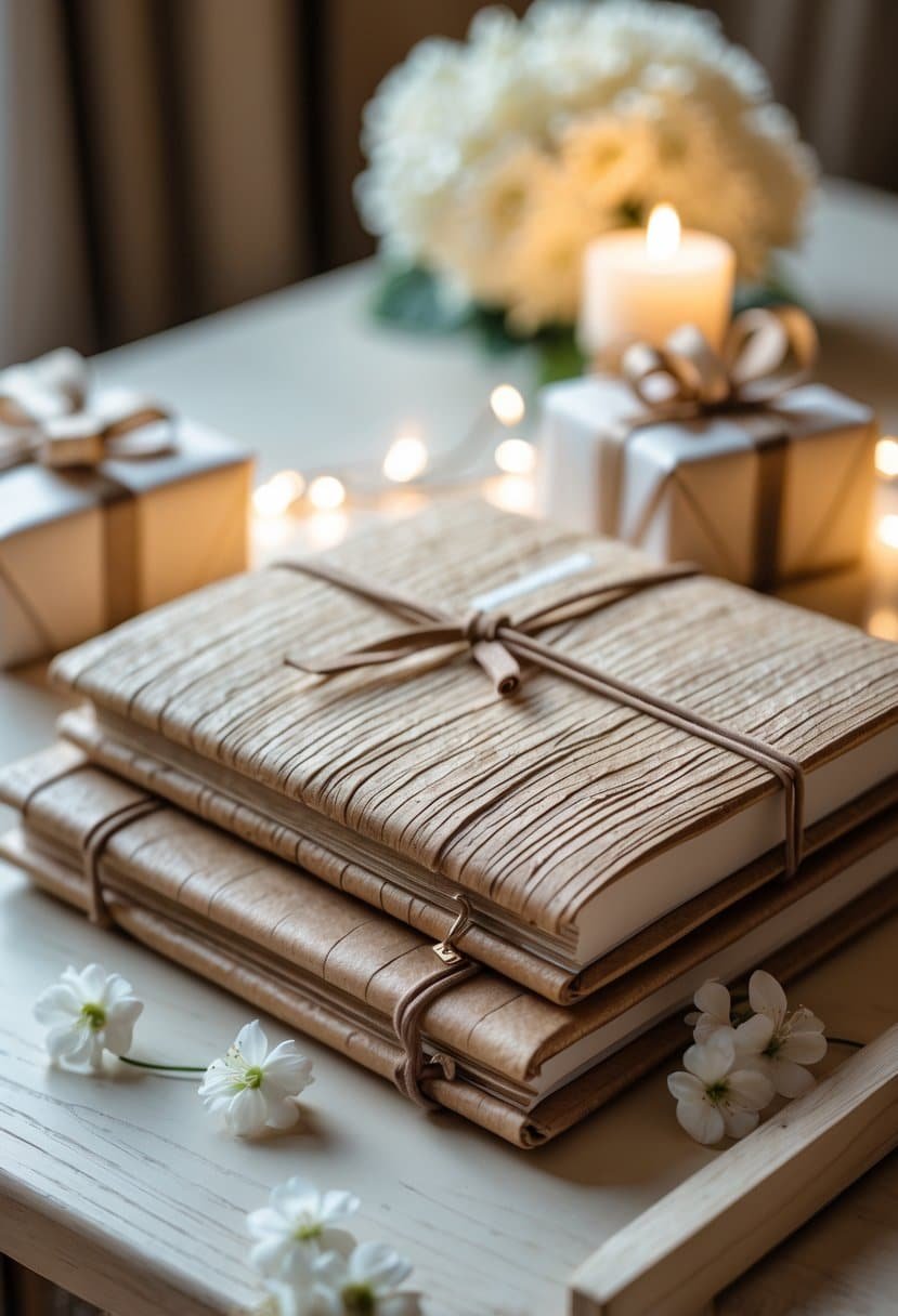 A handmade journal on a wooden desk surrounded by white flowers and a small wrapped gift box.